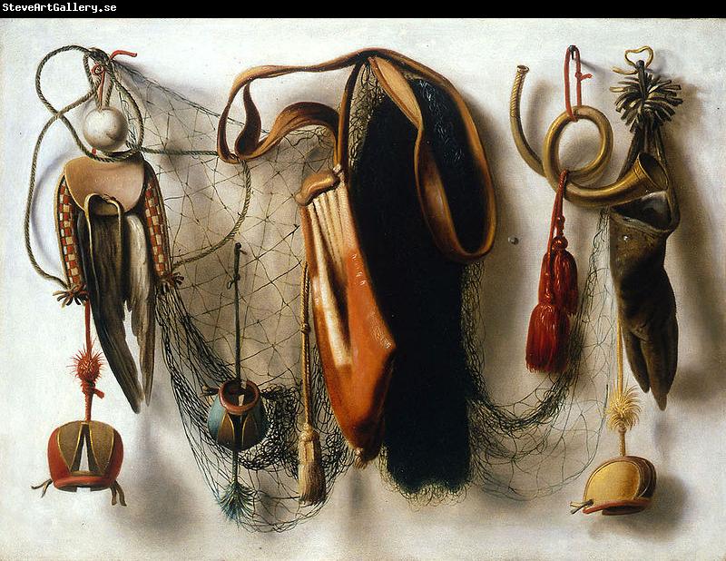 Christoffel Pierson A Trompe l'Oeil of Hawking Equipment, including a Glove, a Net and Falconry Hoods, hanging on a Wall.